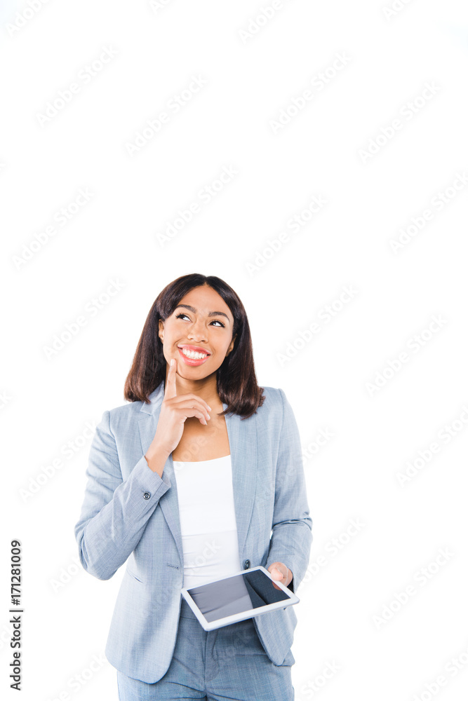 thoughtful businesswoman with tablet thoughtful businesswoman with tablet