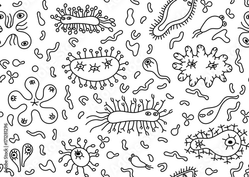 Hand drawn seamless bacterium pattern. Vector illustration