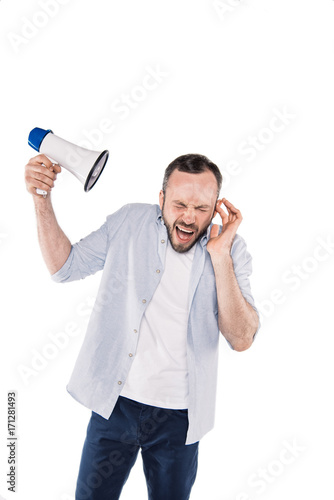 emotional caucasian man with loudspeaker