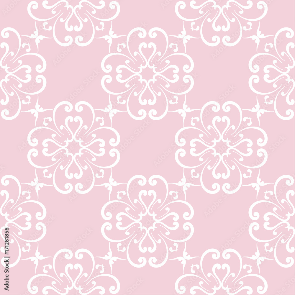 Seamless pale pink pattern with white wallpaper ornaments Seamless pale pink pattern with white wallpaper ornaments