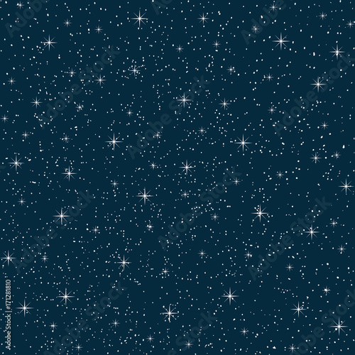wonderful vector night sky with stars, seamless pattern repeated vertically and horizontally. White stars on blue background.