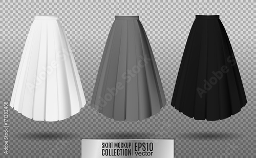 Vector illustration of different model skirt on transparent background. pleated skirt mock up. White, gray and black variation