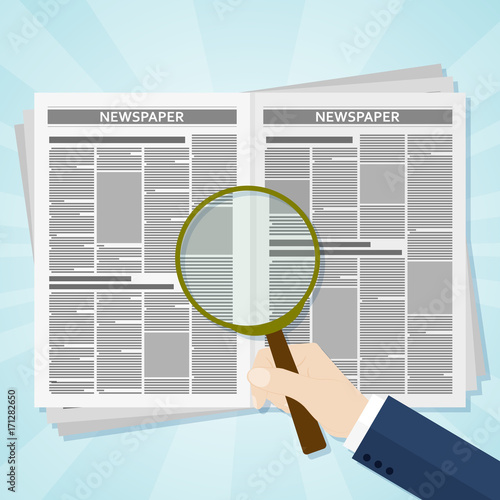 Hand holding a magnifying glass on Business news newspaper. Vector illustration.