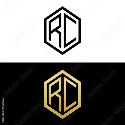 initial letters logo rc black and gold monogram hexagon shape vector