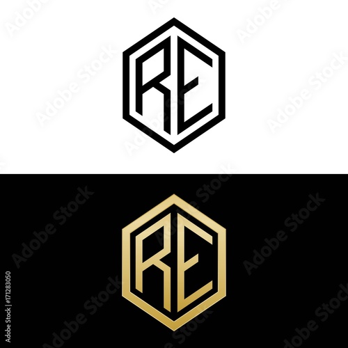 initial letters logo re black and gold monogram hexagon shape vector