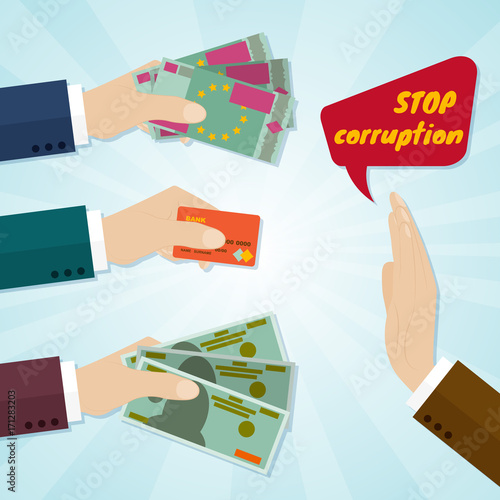 Hands giving card or money for bribe. Stop corruption concept. Vector illustration