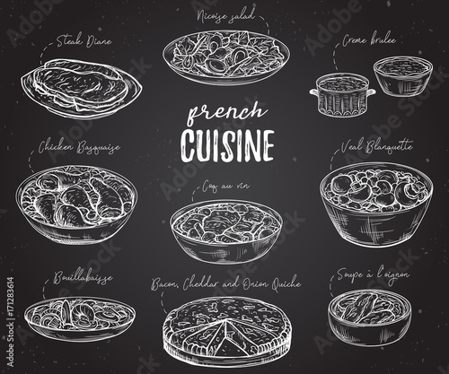 French cuisine. Collection of delicious food on chalkboard. Isolated elements. Concept design for decoration restaurants, menu. Vintage hand drawn vector illustration