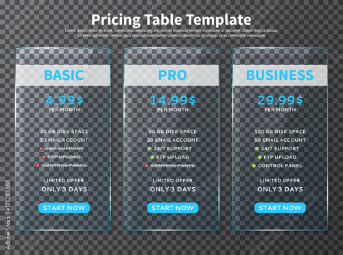 Glass pricing table templates. Design element for websites and applications with limited offer. Vector illustration with web banners with three plan type - Basic, Pro and Business.