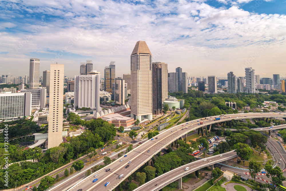 Fototapeta premium Singapore high angle view city skyline at Business District, Marina Bay, Singapore