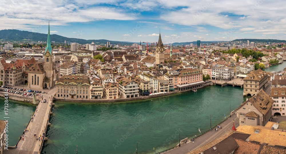 Fototapeta Zurich high angle view city skyline panorama at Limmat River, Zurich, Switzerland