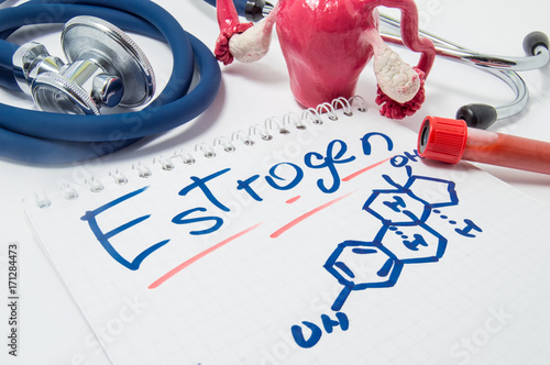 Concept photo of female sex hormone Estrogen and its level in body. Drawn chemical formula of estrogen lies beside anatomical shape of uterus with ovaries, lab tube with blood and stethoscope 