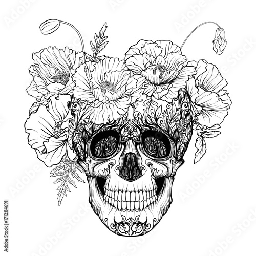 Sugar skull with decorative pattern and a wreath of red poppies.
