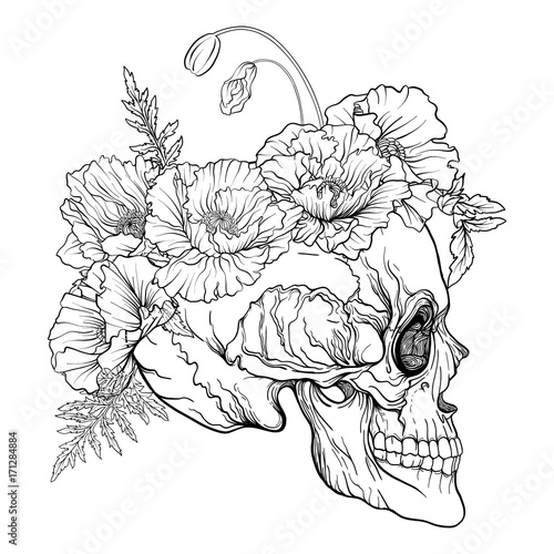 Sugar skull with decorative pattern and a wreath of red poppies.