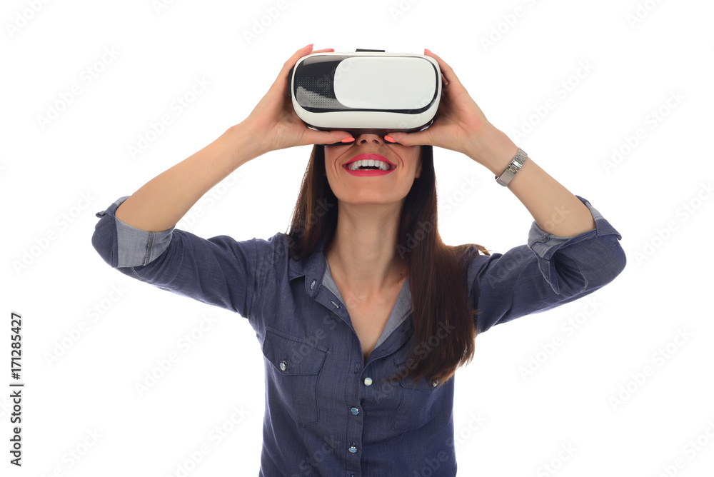 Beautiful Woman wearing VR Virtual Reality Headset with Interface. selective focus Beautiful Woman wearing VR Virtual Reality Headset with Interface. selective focus