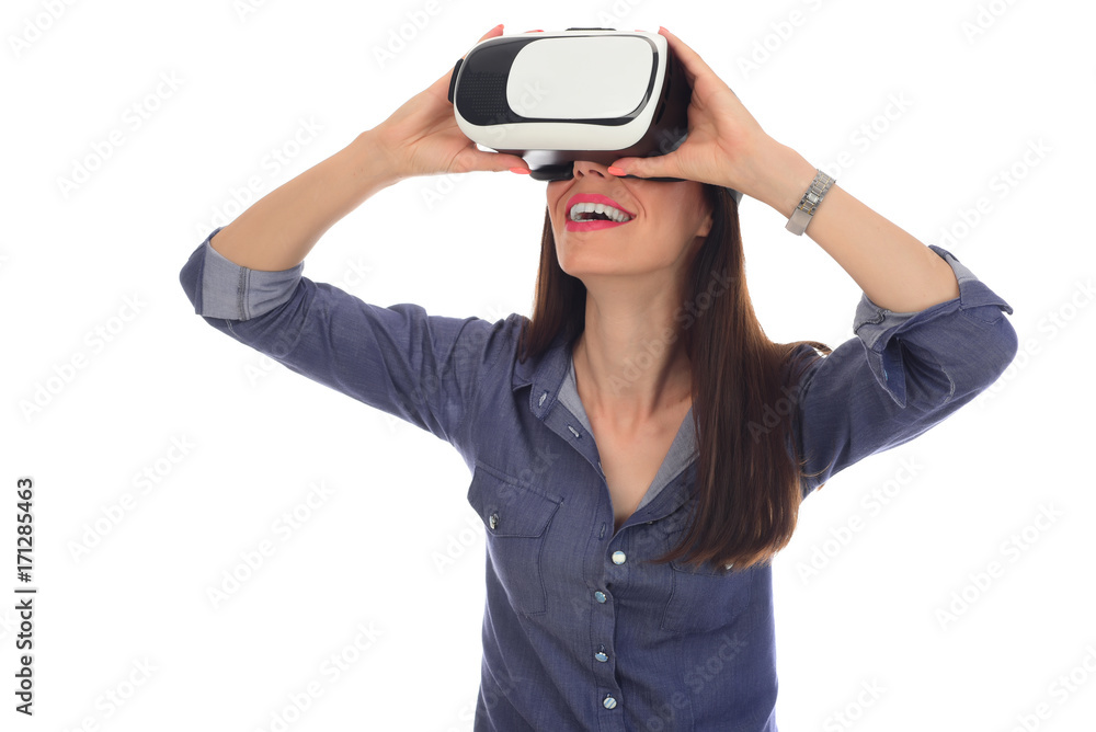 Beautiful Woman wearing VR Virtual Reality Headset with Interface. selective focus Beautiful Woman wearing VR Virtual Reality Headset with Interface. selective focus