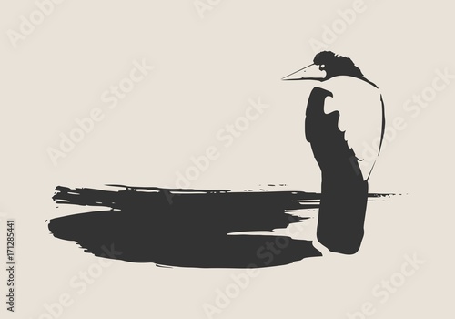 Illustration of the black raven bird sitting on brush stroke. Vector art.