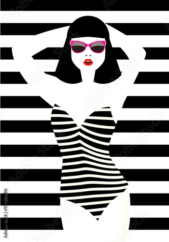 Beautiful young woman with sunglasses and swimsuit, retro style. Pop art. Vector eps10 illustration