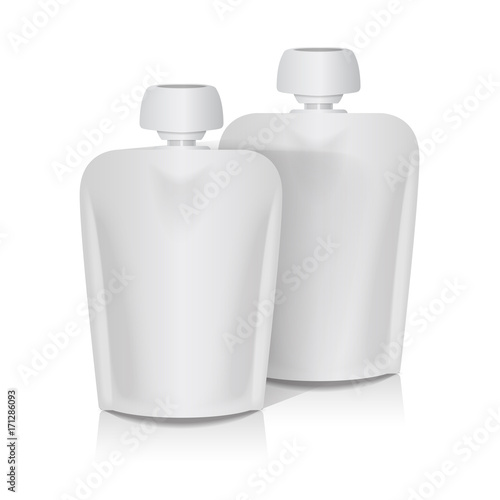 Set of White Blank Flexible Pouch With Big Top Cap For Baby Puree. Food Or Drink Bag Packaging Template