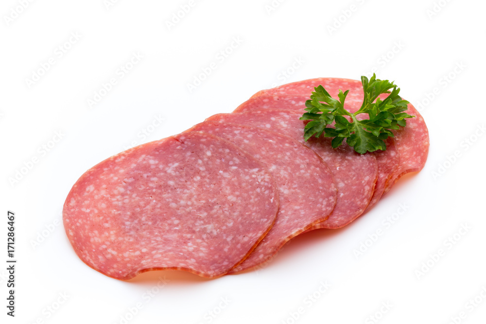 Salami slices isolated on white background. Salami slices isolated on white background.
