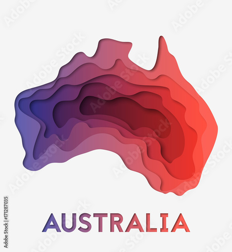 3d abstract paper cut illlustration of Australia red and blue map. Vector travel poster or banner template