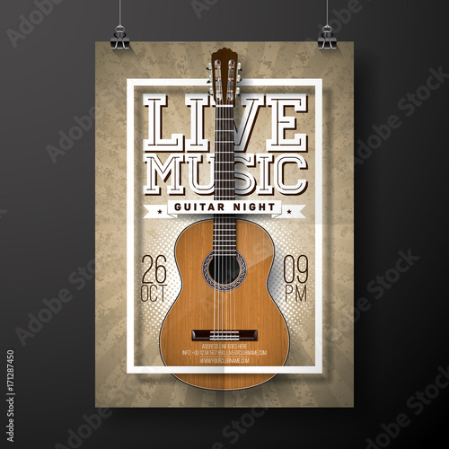 Live music flyer design with acoustic guitar on grunge background . Vector illustration.