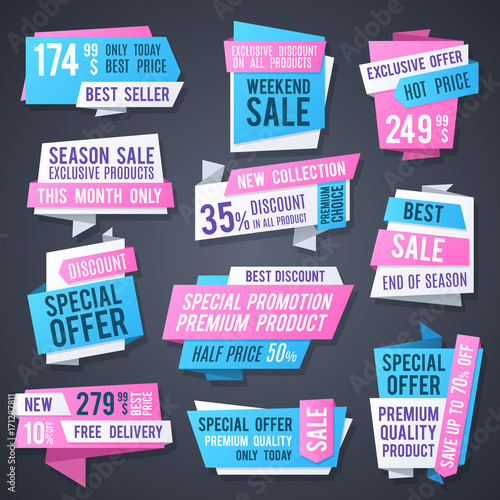 Origami promotion banners, best price tags and advertise buttons vector collection