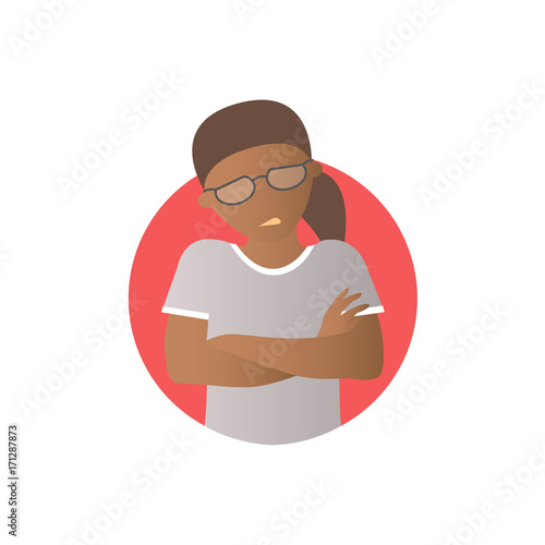 Painful expression, black girl in pain, flat gradient vector icon