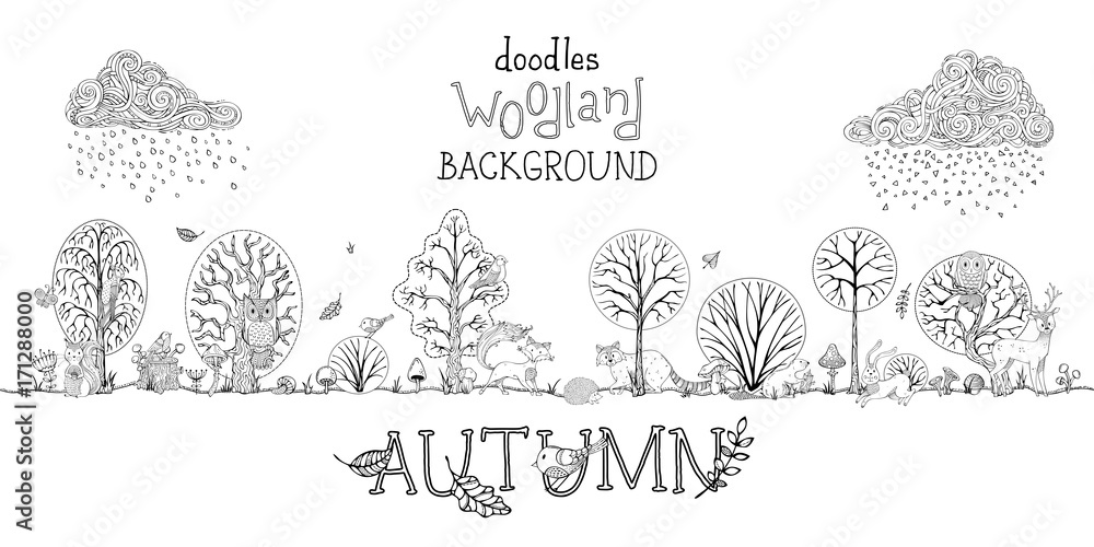 Vector doodles autumn woodland background.