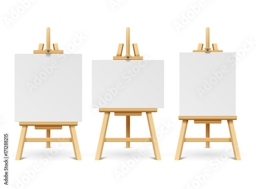 Wood easels or painting art boards with white canvas of different sizes. Artwork blank poster mockups