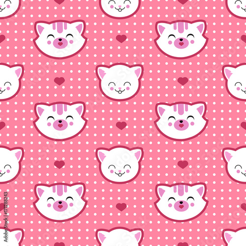 Cat and kitten faces vector seamless pattern. Child t shirt design