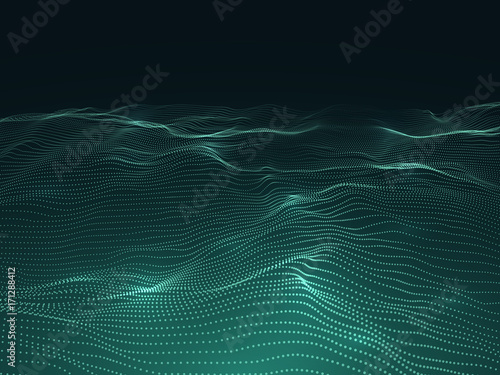 Digital background with wavy surface. 3d futuristic landscape with particles. Sound waves data vector concept