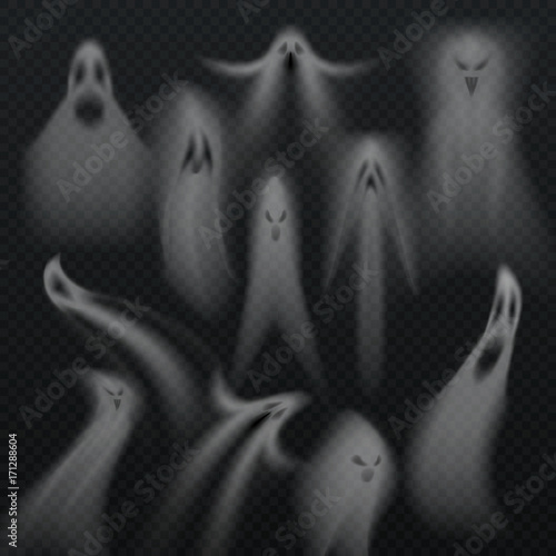Spooky transparent halloween ghost isolated vector set