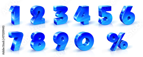 Set of blue numbers 1, 2, 3, 4, 5, 6, 7, 8, 9, 0 and percent sign. 3d illustration. Suitable for use on advertising banners, posters flyers promotional items Seasonal discounts Black Friday the photo