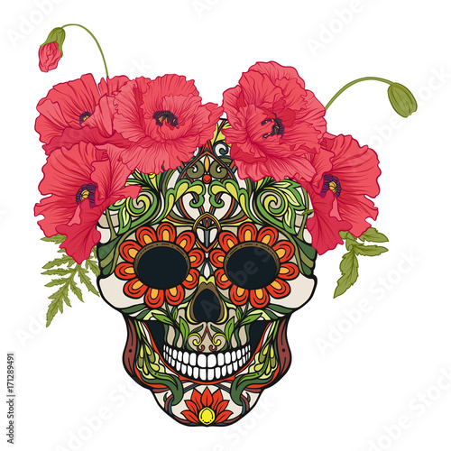 Sugar skull with decorative pattern and a wreath of red poppies. Stock line vector illustration.