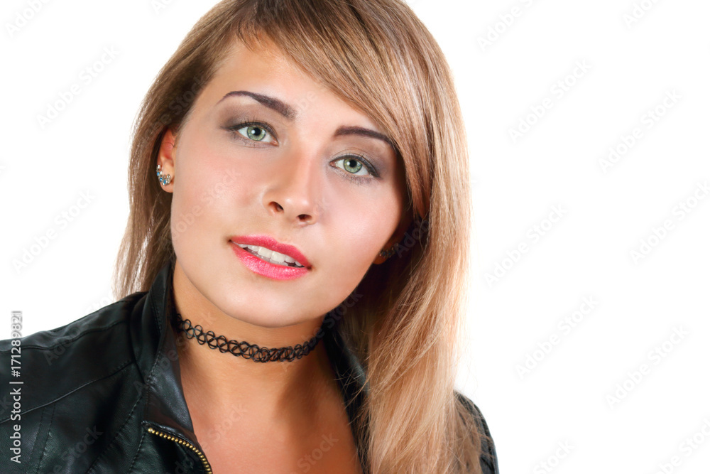 Young blonde with choker isolated on white background, close up Young blonde with choker isolated on white background, close up