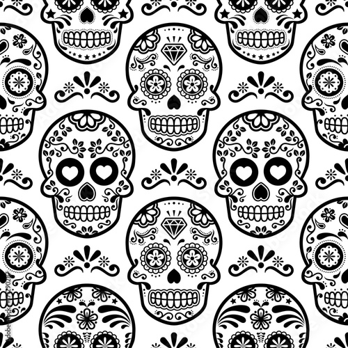 Mexican sugar skull vector seamless pattern, Halloween candy skulls background, Day of the Dead celebration, Calavera design 