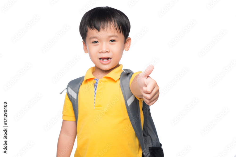 Young asian boy smile gesture hands ready to school Young asian boy smile gesture hands ready to school