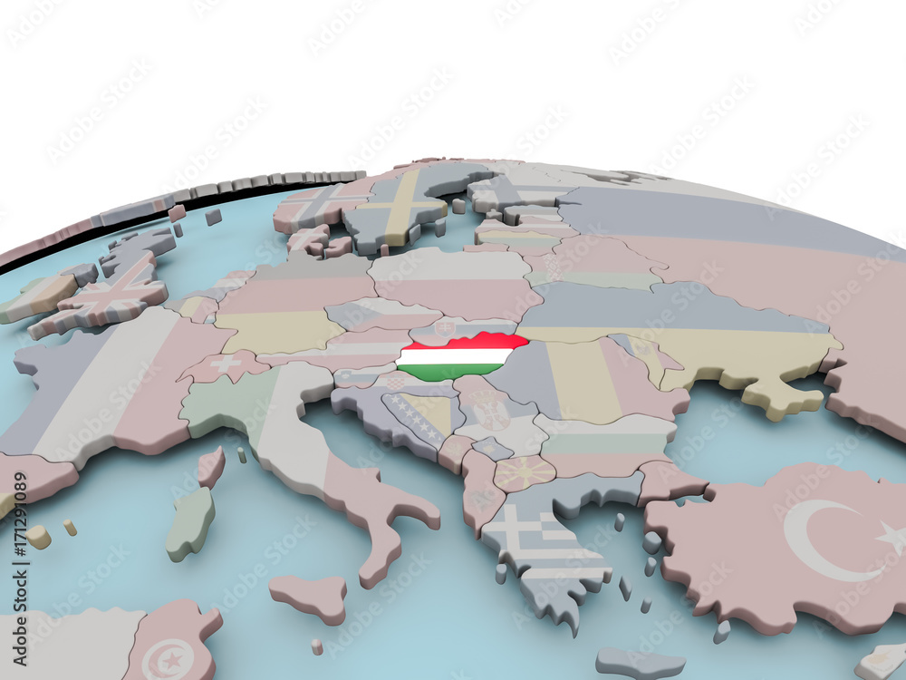 Political map of Hungary on globe with flag