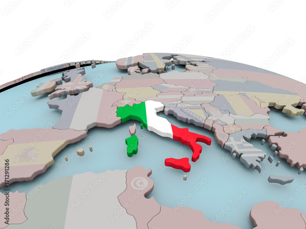 Political map of Italy on globe with flag