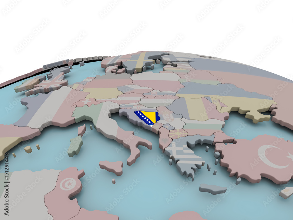 Political map of Bosnia on globe with flag