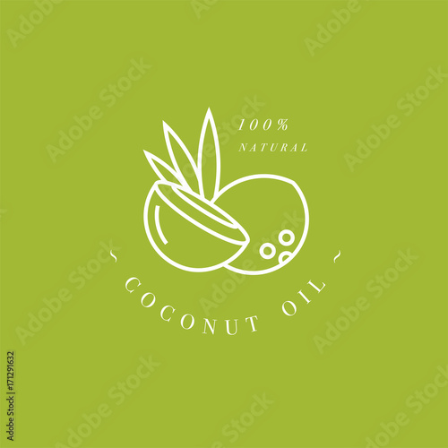 Vector set of packaging design element and icon in linear style - coconut milk - healthy vegan drink