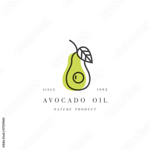 Vector set of packaging design element and icon in linear style - avocado oil