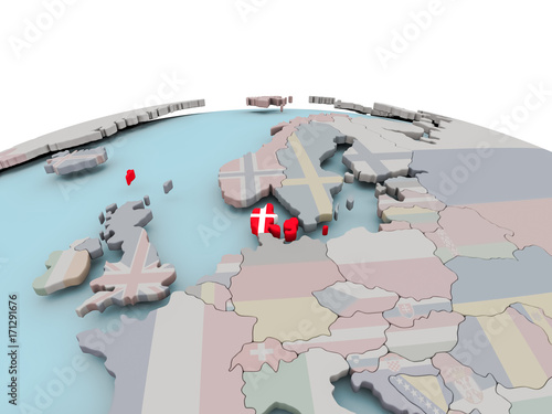 Political map of Denmark on globe with flag