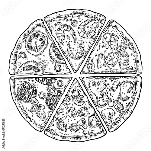 Set slice pizza Pepperoni, Hawaiian, Margherita, Mexican, Seafood, Capricciosa. Vintage vector engraving illustration for poster, menu, box.