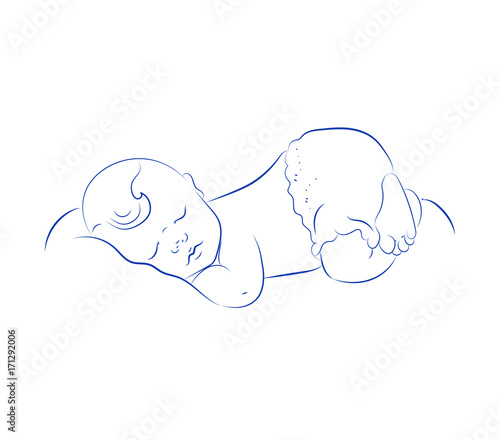 Lovely Newborn Sleeping Vector. Cute Little Sleeping Child. Contour Sketch, Hand Drawn. Cute Baby. Small Heart.