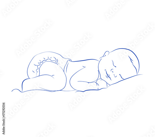 Lovely Newborn Sleeping Vector. Cute Little Sleeping Child. Contour Sketch, Hand Drawn. Cute Baby.