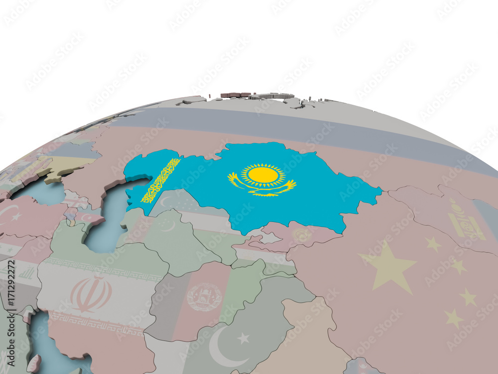 Political map of Kazakhstan on globe with flag