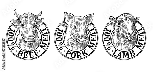 Cows, pig, sheep head. 100 percent beef pork lamb meat lettering