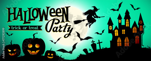 Halloween night background with pumpkin, house and full moon. Banner or invitation template for Halloween party. Vector illustration.
