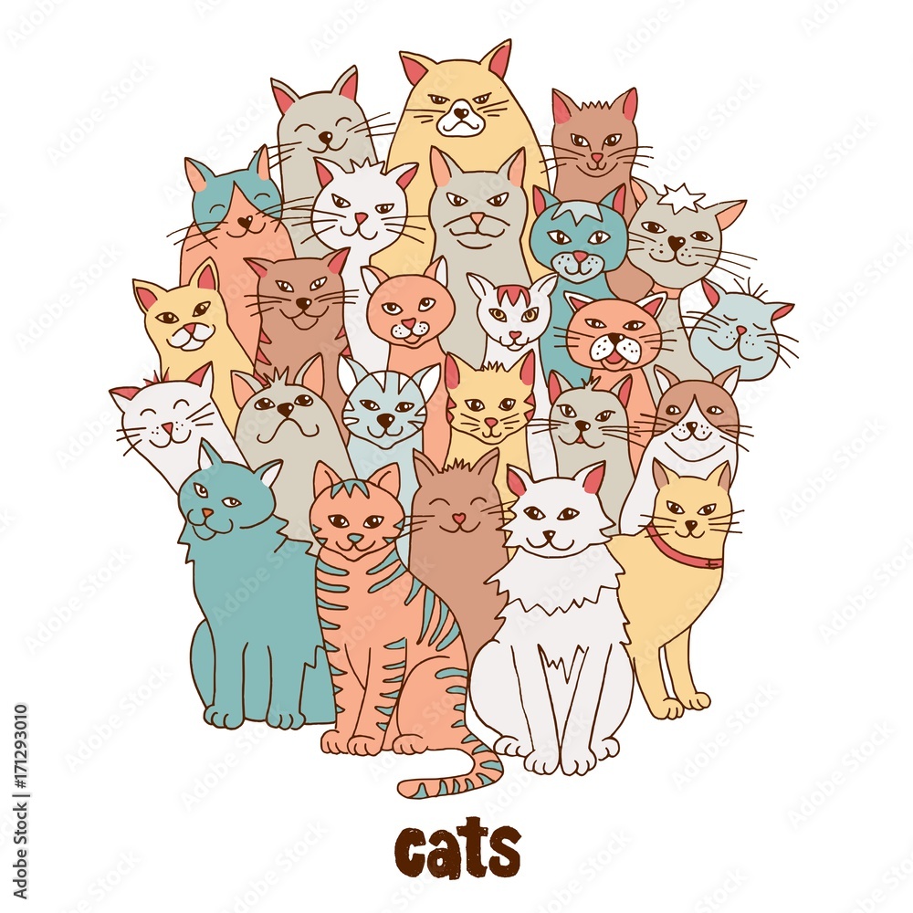 Group of hand drawn cats, standing in a circle